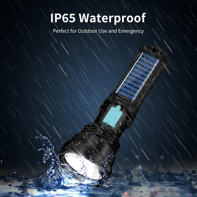 Led Solar Flashlight, 1500 Lumens Led Solar Handheld Rechargeable Flashlights with IP65 Waterproof, 2000mAh Battery for Survival Emergencies Camping (2 Packs) 2 Packs