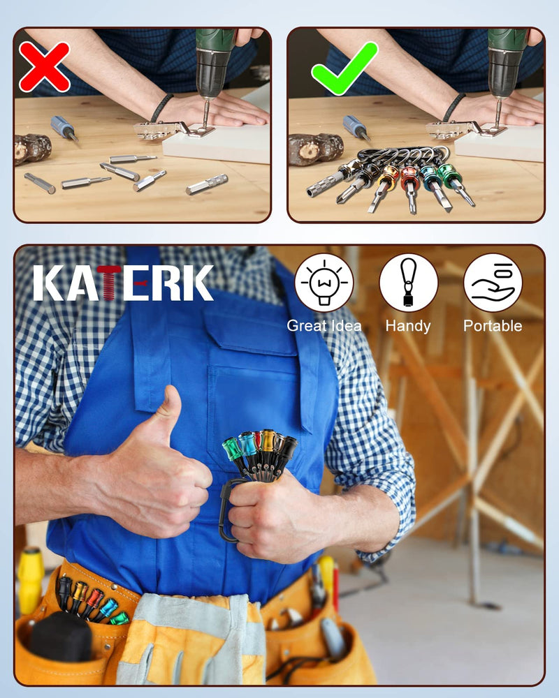 Katerk 12pc Portable Bit holder Key chain, 1/4 inch Hex Shank Screwdriver Bit Clip for Impact Driver Drill Bit Extension Nut Driver W/Black Carabiner, Quick Release Lightweight Drill Screw Adapter Black Carabiner
