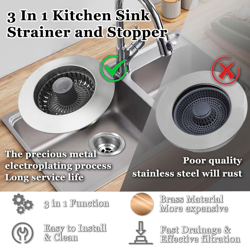 3 in 1 Kitchen Sink Stopper, Pop Up Kitchen Sink Drain Strainer, with An Extra Basket Strainer, Kitchen Sink Drain Stopper for US Standard 3-1/2 Inch, Brass Material Electroplate Silver
