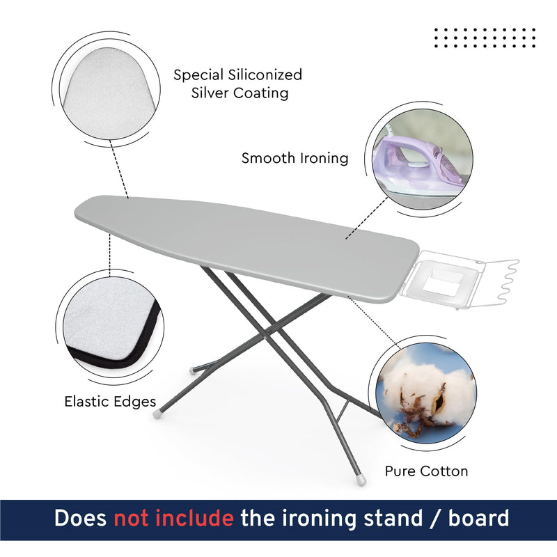 Encasa Homes Metallised Ironing Board Cover 'Silver Super Luxury' with Foam + Felt PAD (Fits Large Boards 54"x15") Heat Reflective, Scorch Resistant, Bungee Elasticated, 3 Fasteners Silver Luxury