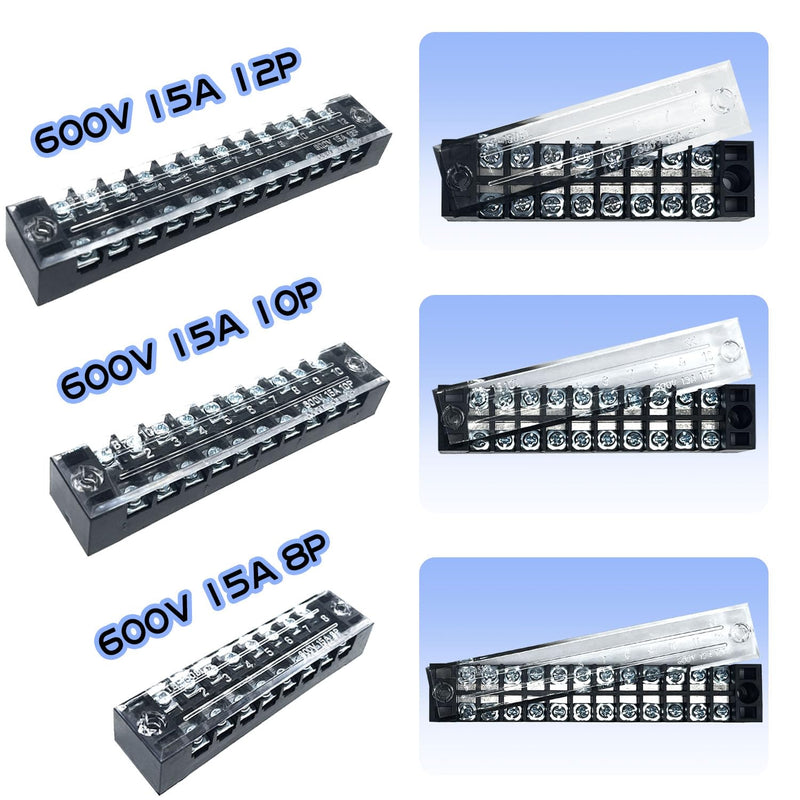 6 Sets 8/10/12 Positions 600V 15A Terminal Blocks Ground Circuit Dual Row Bus Bar Wire Screw Terminal Block Kit with Cover 600V Pre Insulated Terminal Strip WW004-15081012 15A 8P+10P+12P