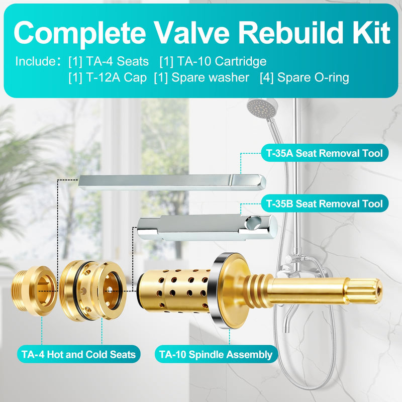 REB Shower Valve Rebuild Kit, TA-10 Flow Control Spindle Assembly, TA-4 Hot and Cold Seats, T-35A/B Seat Removal Tools Compatible with Symmons Temptrol Shower Valve, Brass