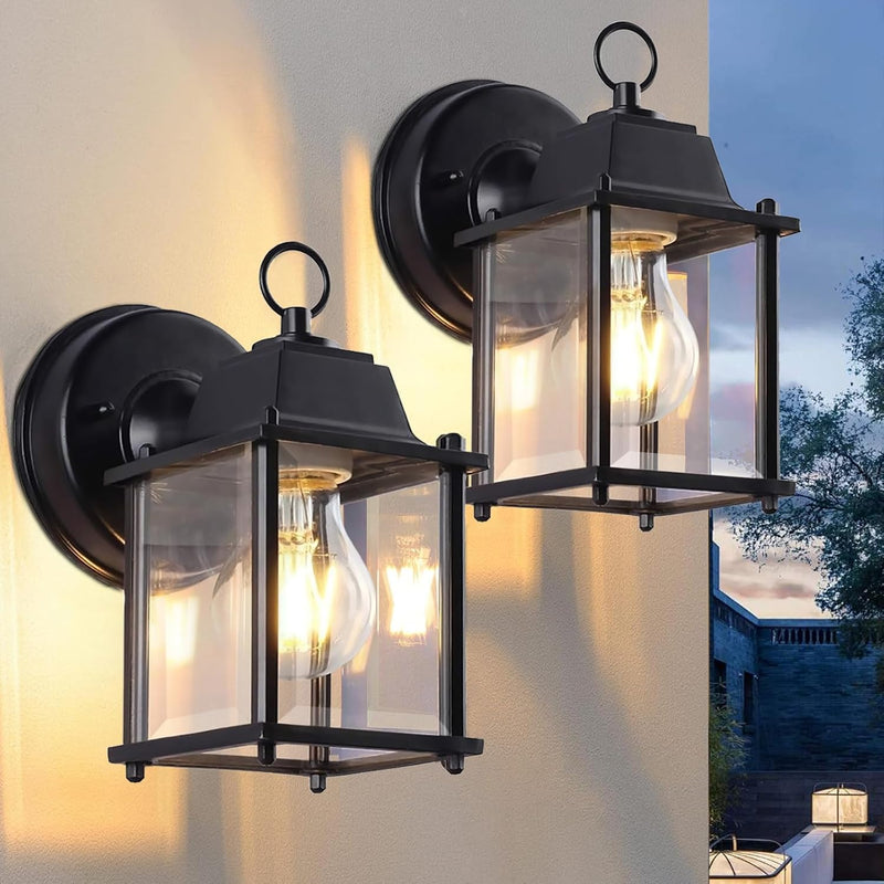 Outdoor Wall Lantern, Exterior Waterproof Wall Sconce Light Fixtures, Black Front Door Wall Lighting with Clear Beveled Glass Shade, 2 Pack 8.27 inch