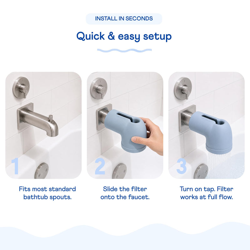 Bathtub Filter & Spout Cover | Reduces Chlorine & Impurities for Baby Skin | Rapid Flow Water Filter | Fits Standard Tub Faucets | Mist Grey