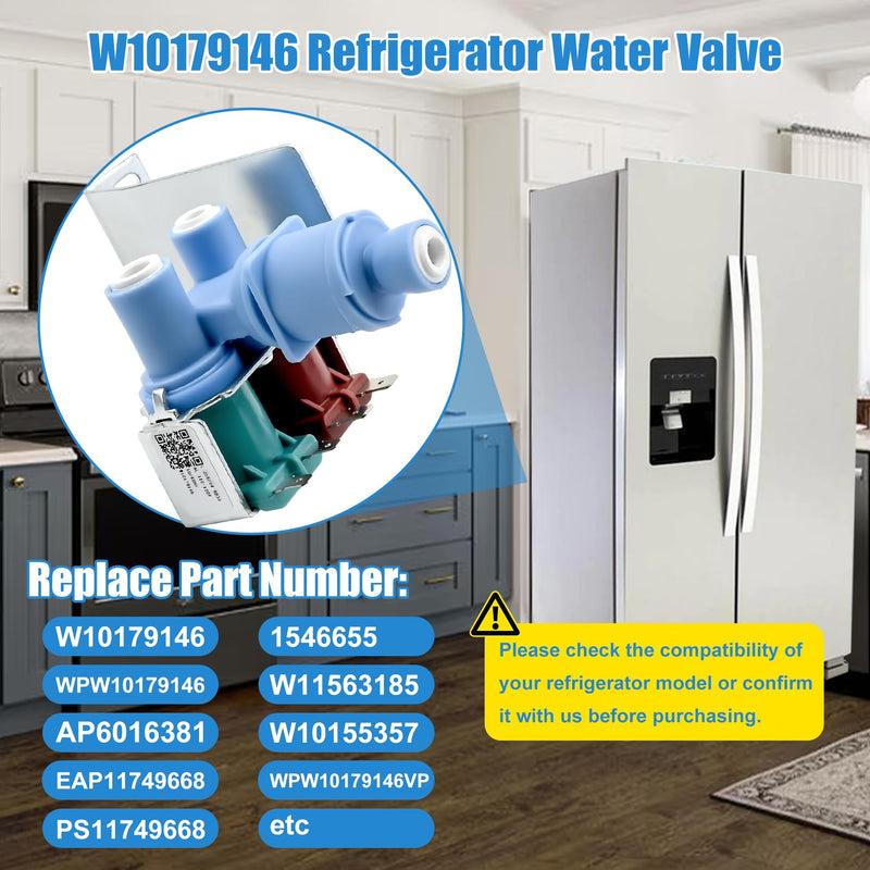 W10179146, WPW10179146 Water Inlet Valve Compatible with whirlpool, kenmore, maytag, amana, kitchen aid and ikea Refrigerator(not all models), Replacement: W10155357, 1546655, AP6016381, PS11749668 single valve