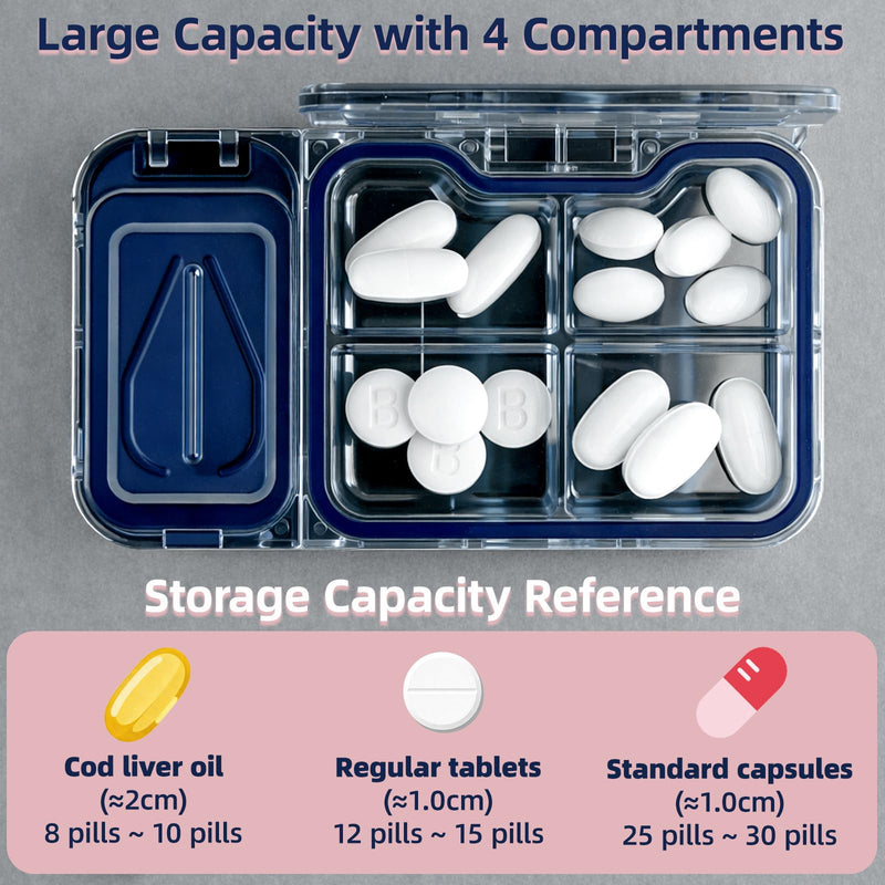 Pill Cutter with 4-Compartment Pill Organizer, 2-in-1 Portable Moisture-Proof BPA-Free Pill Box, V-Slot for All Pills, Thickened Steel Blade & Safety Guard (Gray) Gray