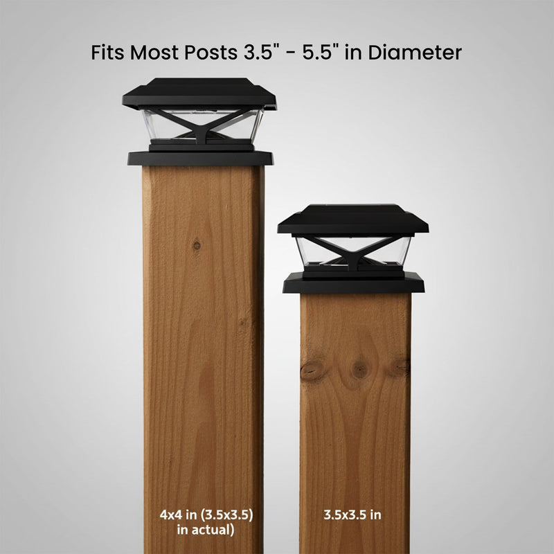 Home Zone Security 4-Pack Crown Style Solar Powered Post Cap Light with LiFePO4 Battery, Dusk to Dawn, 3000K 5000K LED Adjustable Temperature, Fits up to 5.5"x5.5" Post, Black