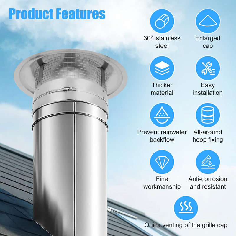8Inch Chimney Cap,8 Inch Adjustable Stainless Steel Chimney Cap,304 Steel Round Rain Cover with Mesh Screen,Universal Cone Top Roof Cap for Wood/Oil Stove Vent,Weatherproof & Easy Installation,Silver Silver 8 INCH