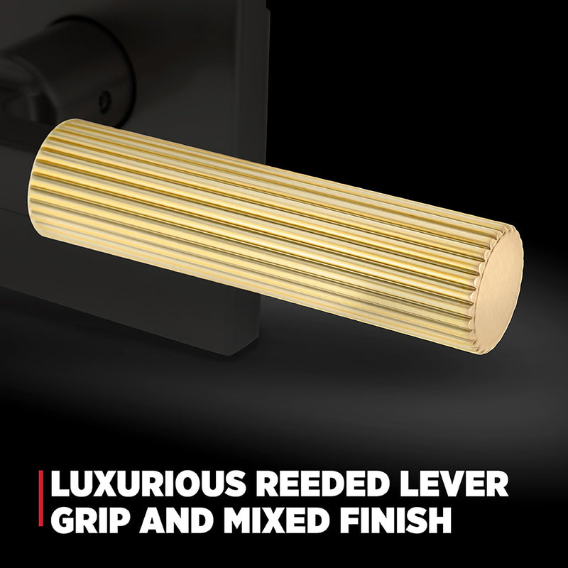 Kwikset Mirada Reeded Interior Privacy Door Handle with Lock, Handle for Bathroom and Bedroom, Satin Brass, Reversible Keyless Push Button Lock, with Microban Protection 1 Pack