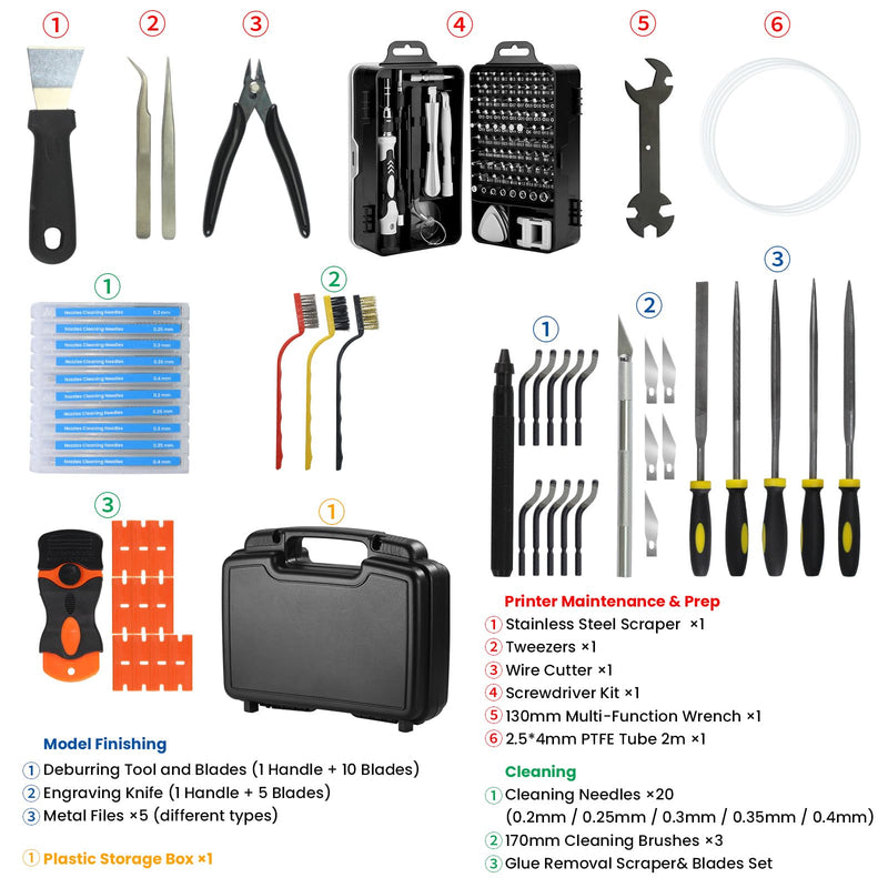 170PCS 3D Printer Tool Kit with Precision Screwdriver Set, 3D Printing Accessories for Cleaning & Finishing, Includes Nozzle Cleaning Needles, Deburring Tool, Engraving Knife, Metal Files, PTFE Tube C