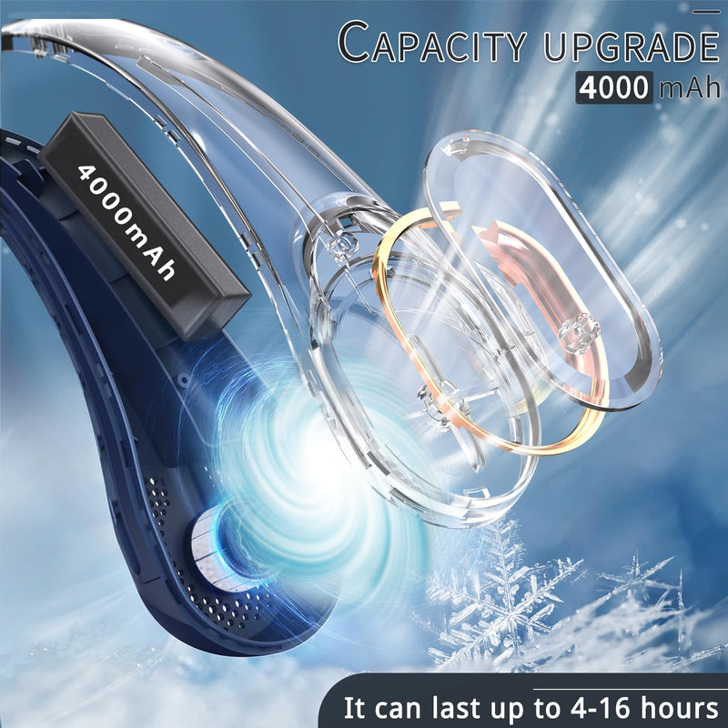 Neck Fan, USB Rechargeable Personal Fan, 4000 mAh Battery Operated, 3 Speeds Adjustable, Faster Cooling, Ultra Quiet, Suitable for Home, Office, Travel, Sports Blue