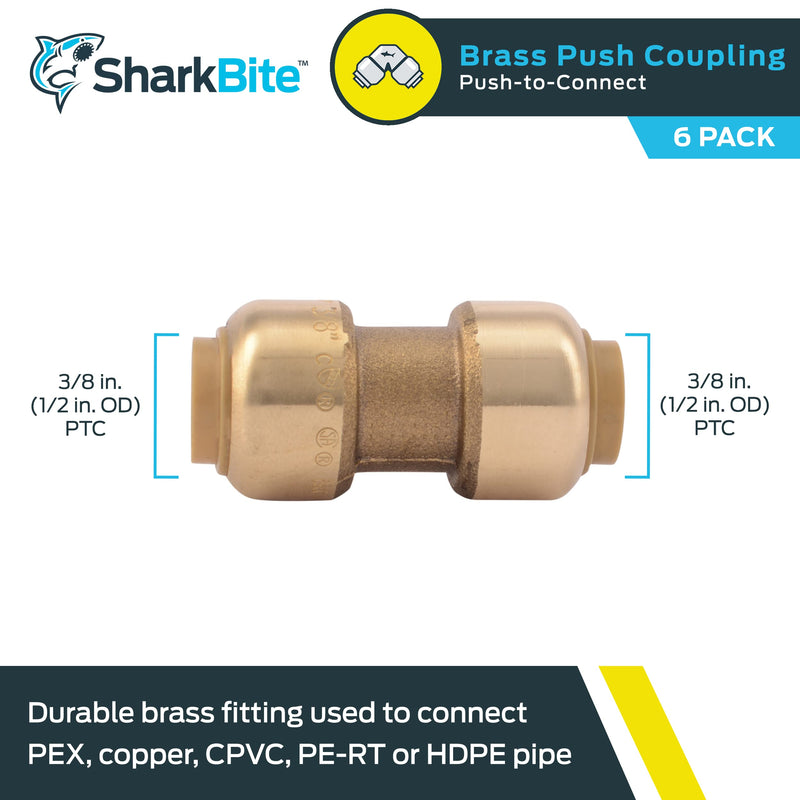 SharkBite 3/8 inch Coupling, Pack of 6, Push to Connect Brass Plumbing Fitting, PEX Pipe, Copper, CPVC, PE-RT, HDPE, U006LF 3/8 in., 6 Pack