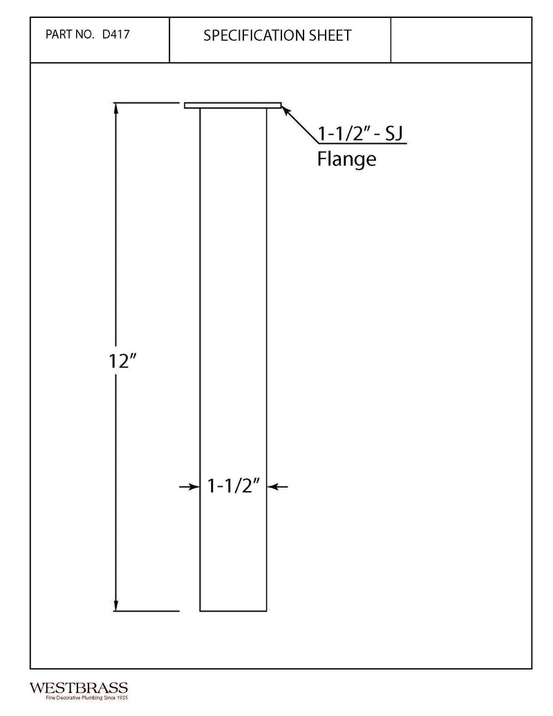 Westbrass D417-26 1-1/2" x 12" 17 Gauge Brass Single End Flanged Tailpiece, Polished Chrome 12 in