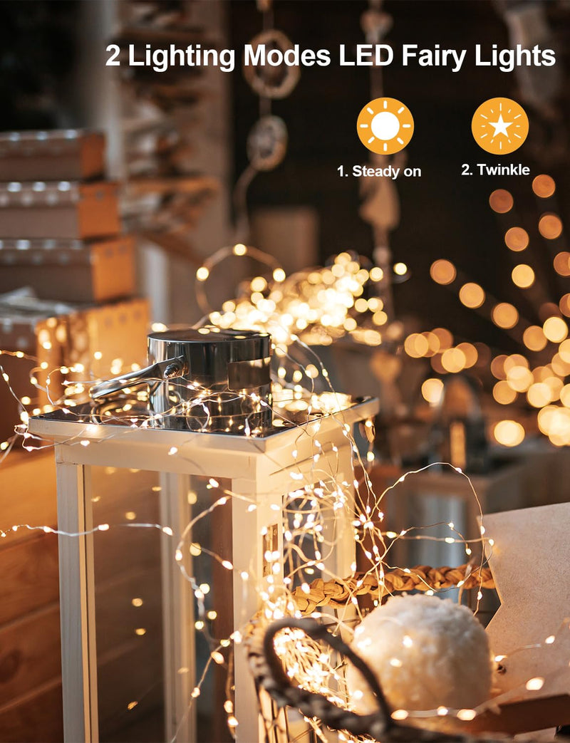 Fairy Lights Battery Operated 2 Pack 16.4Ft 50 LEDs Silver Copper Wire Twinkle String Lights with 2 Lighting Modes for Christmas Bedroom Wedding Parties Holiday Decorations (Warm White) Warm White