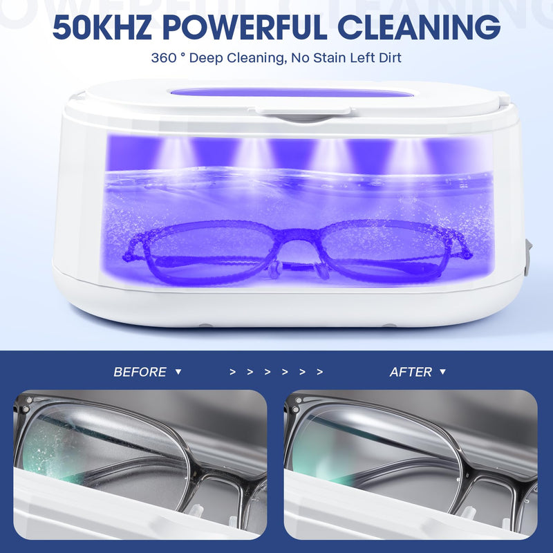 Ultrasonic Jewelry Cleaner,49Khz Ultrasonic Cleaner Machine with Blue Light | Ultrasonic Jewelry Cleaner For Dentures,Retainers, Eyeglasses, Watch,Braces,Rings, Jewelry, 5 Cleaning Modes and LED Display White