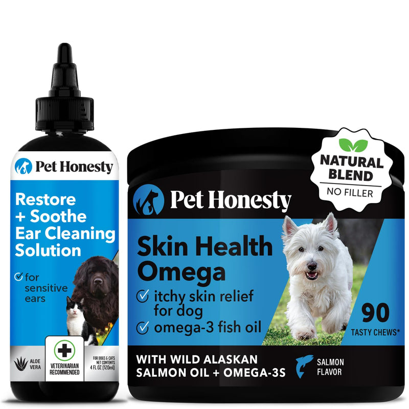 Restore + Soothe Ear Cleaner for Dogs & Cats (Aloe Vera) 4oz + Omega SkinHealth Chews for Dogs with Omega 3 Fish Oil and Salmon Oil for Healthy Skin, Itchy Skin Relief (90 Count)