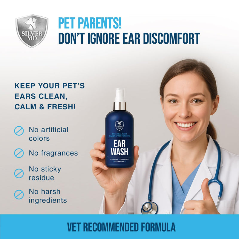 Pet Ear Wash Spray for Dogs & Cats, 8 oz Nano Silver Ear Cleaner, Gentle Ear Flush for Itchy Sensitive Ears, Soothing Cleansing Solution for Wax, Odor & Daily Ear Care