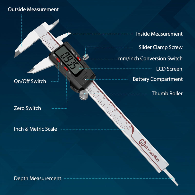 Digital Caliper 6 Inch, Caliper Measuring Tool with Large LCD Screen, Inch/MM, 4 Measuring Ways, Auto-Off LCD Stainless Steel Micrometer Vernier Caliper for Printing Jewelers Woodworkers Industry Industry-150mm
