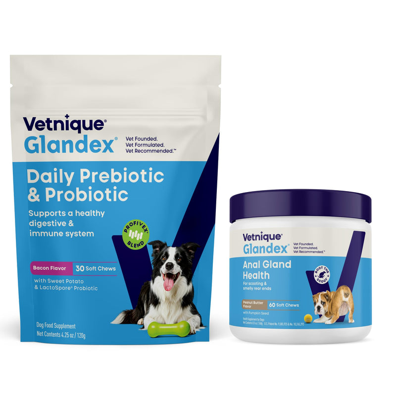 Vetnique Glandex for Dogs Prebiotic & Probiotic Supplement Chews 30 Count Bacon Flavor Plus Glandex Anal Gland Support Chews 60 Count Peanut Butter Flavor Bundle, 5-Strain Probiotics for Dogs