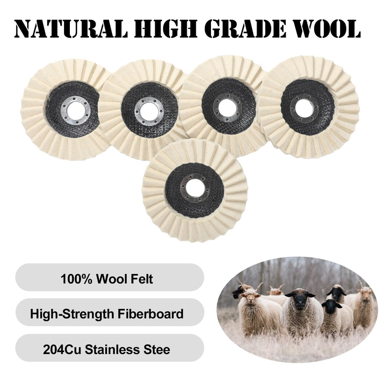 6 Pcs 5 Inch Wool Felt Stone Polishing Wheels Felt Flap Polishing Buffing Discs for Stainless Steel Aluminum Metal Angle Grinder Attachment for Surface Finishing Restoration