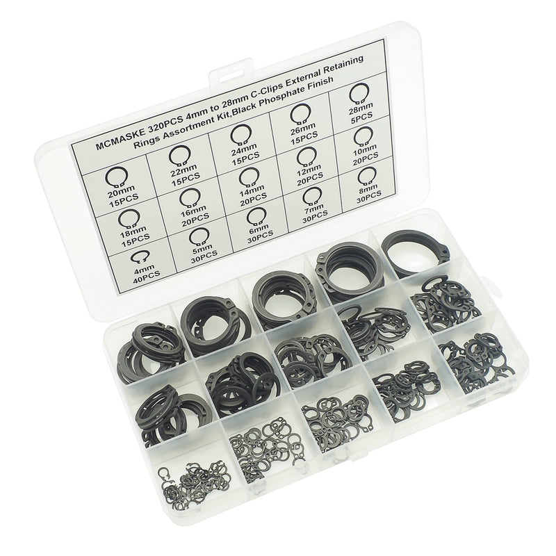 320PCS 15 Sizes Metric 4mm to 28mm Nominal Diameter C-Clips External Retaining Rings Assortment kit,Black Phosphate Finish