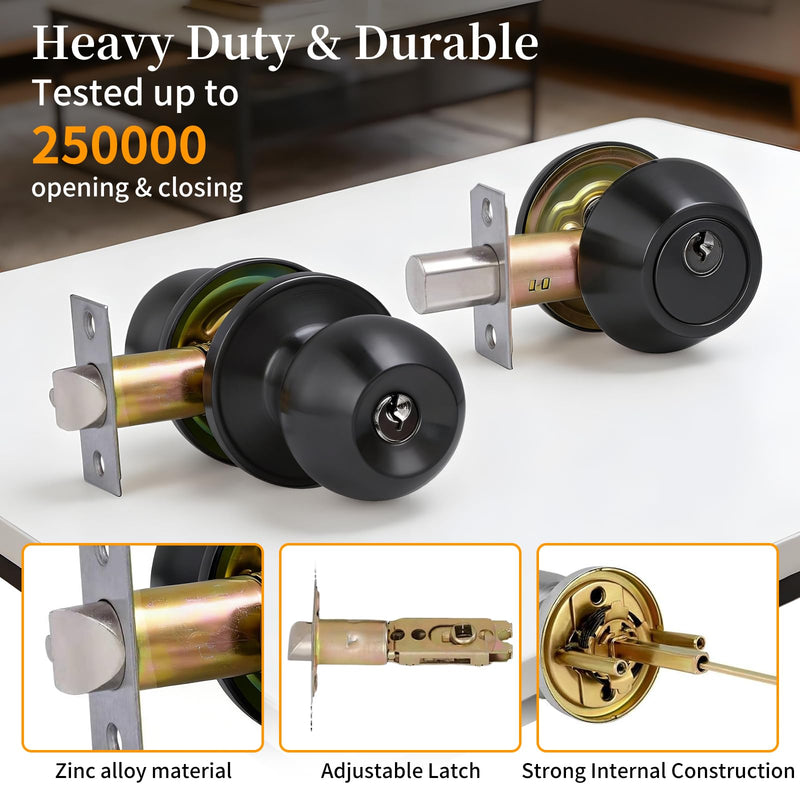 Secure Keyed Entry Door Knob with Lock & Key, Heavy-Duty Exterior Interior Door Lock Handle for Front Door, Home Bedroom Bathroom, Commercial & Residential Entry Door Hardware,Matte Black 1 587ET+D101--Matte Black