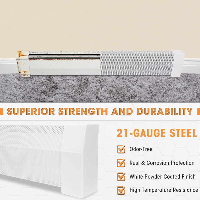 3ft Steel Easy Slip-On Baseboard Heater Cover with End Caps for Bathroom & Hydronic System for Replacing Old Cover, White 3ft （With End Caps）