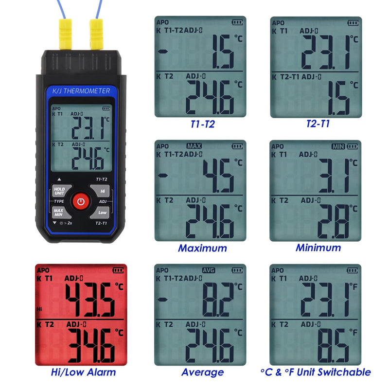 Thermocouple Thermometer Digital Dual Channels K/J Type Thermometer with 4 K-Type Thermocouples, -328~2501℉ Measuring Range Temperature Meter HVAC Thermometer with Alarm & ADJ Compensation Digital 2 Channels Thermometer