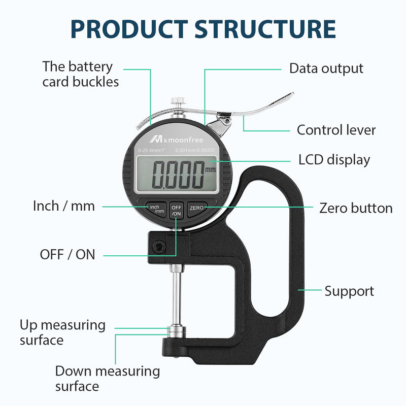 Digital Thickness Gauge 0.001mm/0.00005" | 0-25.4mm/1.0" Electronic Micrometer Thickness Meter with LCD Display, Unit Conversion, Storage Case, Extra Battery