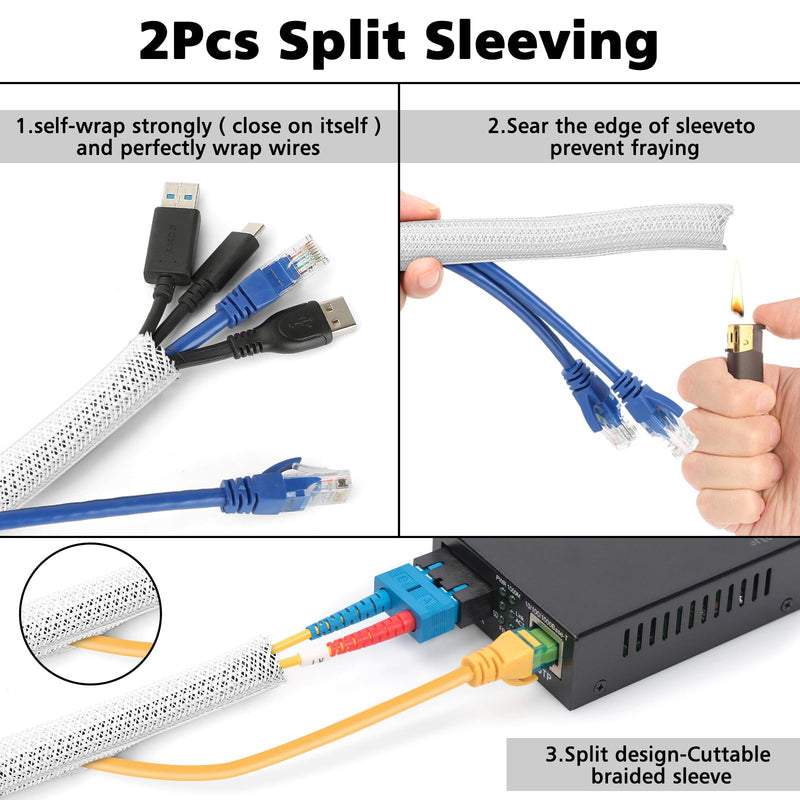 White Cable Management Organizer Kit, 2 Wire Sleeve Protector, 41 Self Adhesive Cable Clips Holder, 10pcs+2 Roll Reusable Cable Ties and 100 Cable Zip Ties for TV Computer Cord Tidy Under Desk White
