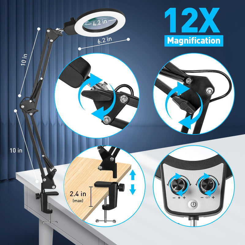 KIRKAS 12X Magnifying Glass with Light and Stand, Any Color Modes & Stepless Brightness LED Magnifying Lamp with Clamp, 2-in-1 Magnifier Glass Lens Desk Lamp for Crafts Hobby Reading Close Work 12X Base & Clamp