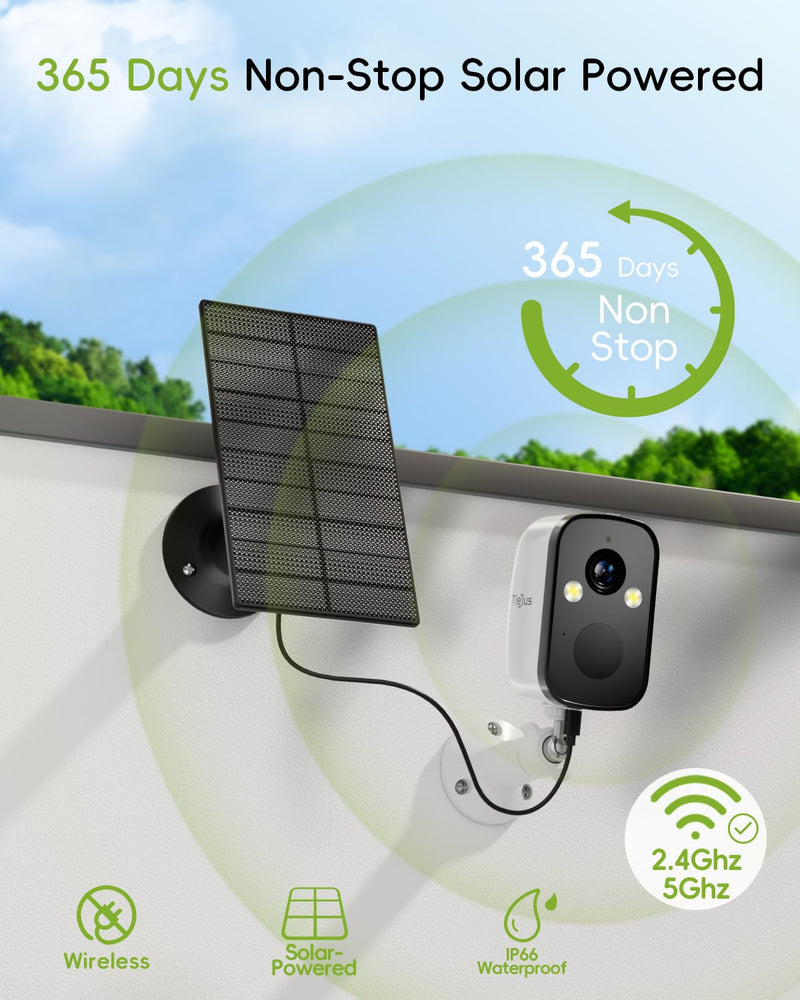 2K Security Cameras Wireless Outdoor, 2.4G/5G WiFi, Solar Camera Outdoor Wireless, Color Night Vision, Solar Powered, Motion Detection Spotlight Siren/2 Way Talk/IP66/Cloud/SD/Alexa 1 Pack 5G
