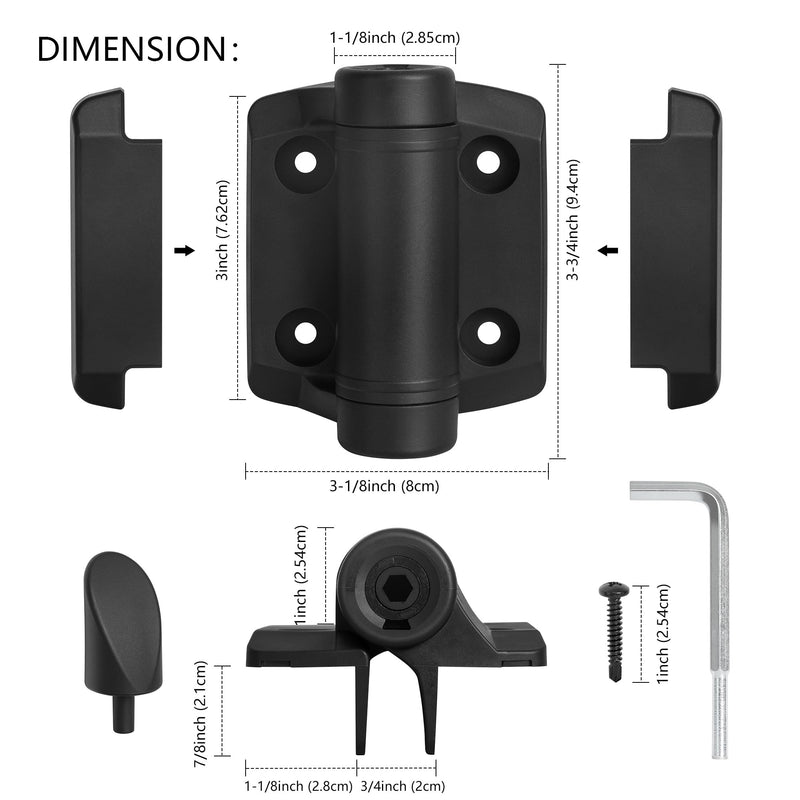 Self Closing Gate Hinges, Heavy Duty Adjustable Tension Nylon Hinge | Fence Hinges Kit for Outdoor Metal/Vinyl/Wooden Gate with Safety Cap, 1 Pair Black