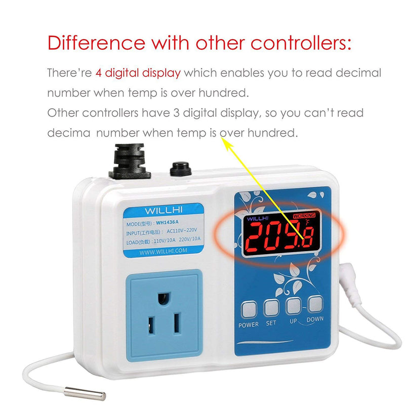 WH1436A 10A Temperature Controller 110V Digital Thermostat Switch Sous Vide Controller NTC 10K Sensor Improved Version