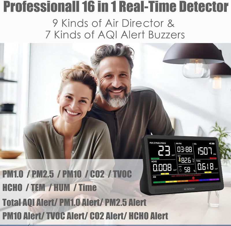 Professional Indoor Air Quality Monitor with 7X AQI Beep Alarms,16 in 1 Portable Real-Time Detector for PM2.5 | PM10 | CO2 | TVOC | HCHO | Temp | Hum for Home Cars Plants Pets (Dark Black)