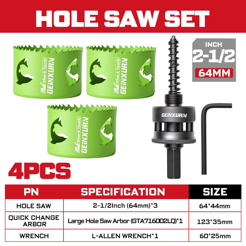 Geinxurn 5PCS 2-1/2 in(64mm) Hole Saw Kit with Hole Saw Mandrel and Hex Wrench,HSS Bi-Metal Hole Saw Kit with Shark Tooth Hole Cutter for Wood,Drywall, PVC Boards and Thin Metal 5 PCS 2-1/2" Hole Saw Set