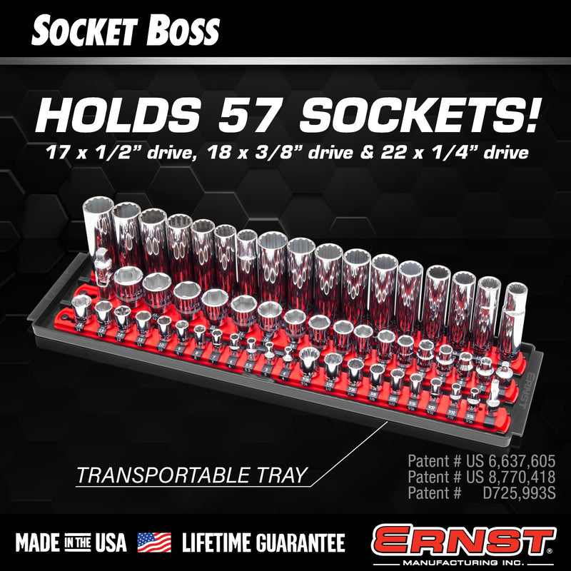 Ernst Manufacturing 8481 Socket Boss 3-Rail Multi-Drive Socket Holder Tray for Toolbox, Twist-Lock Secures Sockets, Green, Socket Holder Socket Clips for SAE, Metric Socket Sets - Made in USA 18-Inch