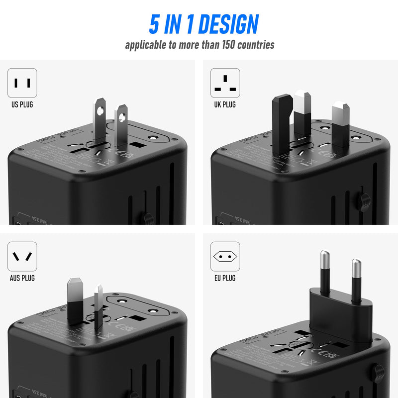 Universal International Power Travel Plug Adapter, 5 in 1 European Travel Plug Adapter W/ 3.5A 2xUSB-A and 2xUSB C Wall Charger and Worldwide AC Outlet for Europe USA UK AUS Asia (Black Grey) Regular Black Grey