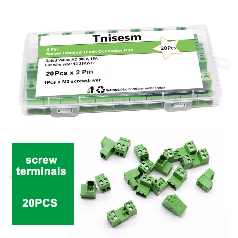 Tnisesm 16Pcs 2 Pin Screw Terminal Block Connector 5.08mm Pitch Pluggable with 2 Pin Phoenix Plug 300V 15A for 28-12AWG Cable 16Pcs -2PIN