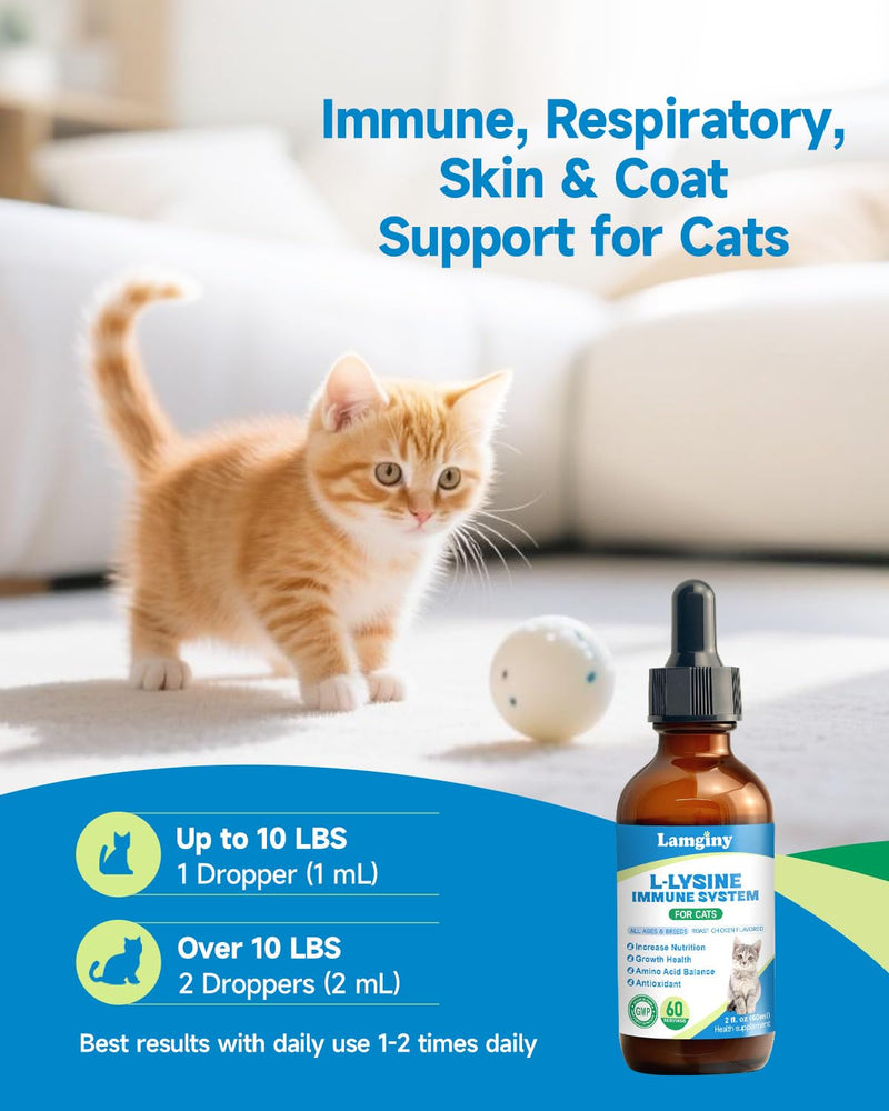 Lysine Supplement for Cat, Immune Support for Cats, with L-Lysine HCI, Niacinamide, L-Taurine, Folic Acid, Vitamins, Runny Nose, Sneezing & Allergy Relief, Respiratory Health, Eye Function Supplement