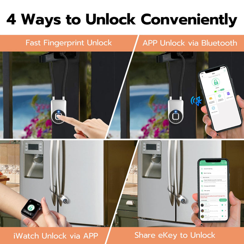 Fingerprint Cable Lock, eLinkSmart Fridge Locks with Bluetooth APP Control, Biometric Smart Padlock for Adults Baby Proof Cabinet Refrigerator French Door Cabinet Gate Locker Bike, 8.6'' Long Silver Silver-22cm