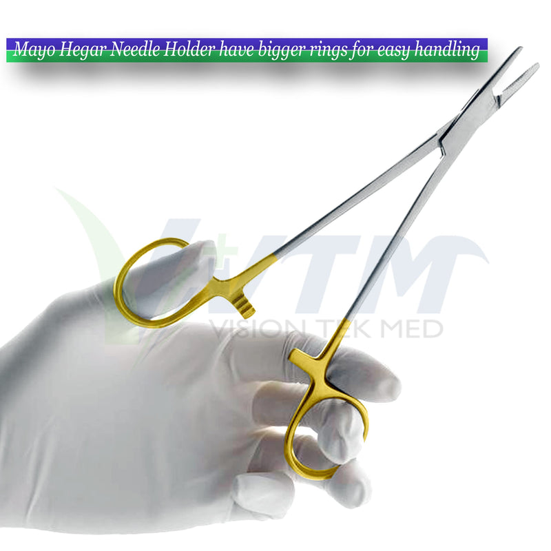 8 Inch TC Mayo Hegar Needle Holder Driver with Tungsten Carbide Inserts and Gold Rings Premium Grade Instrument