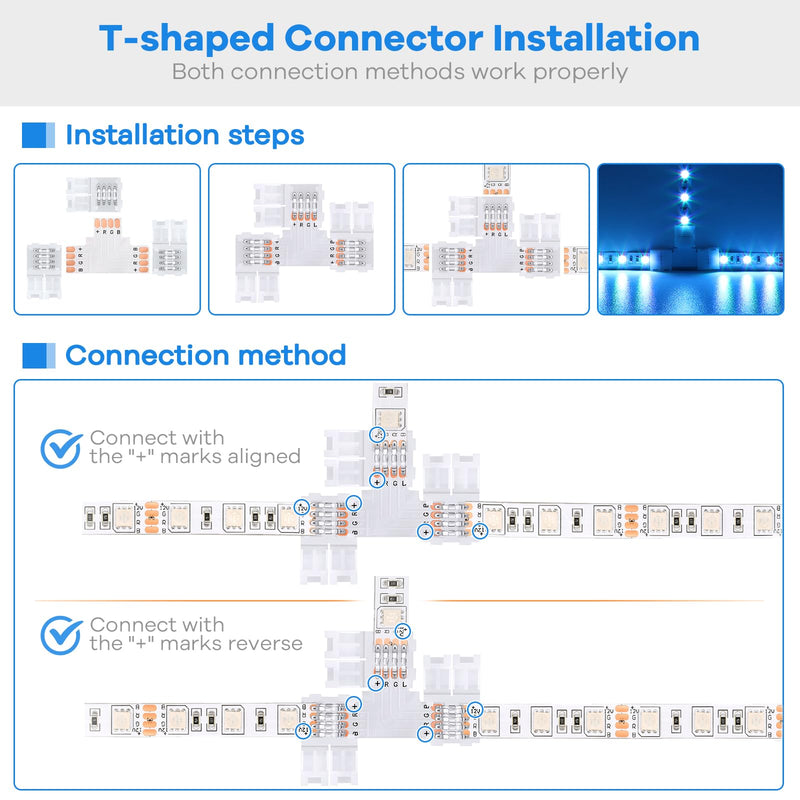 42Pcs 4 Pin LED Strip Connectors Kit for 5050 10mm Wide RGB LED Strip Light, Includes 8 L-Shaped, 4 T-Shaped, and 30 Solderless LED Light Connectors Clips, Easy for DIY Lighting Projects