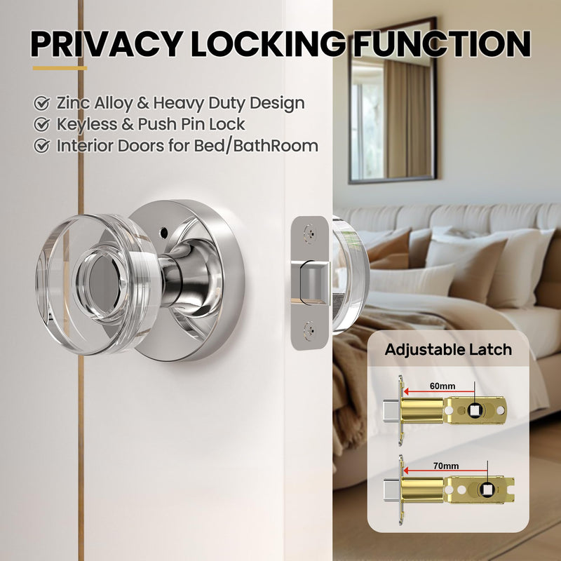 Crystal Door Knob Polished Chrome Interior Privacy Door Knobs Glass Interior Door Knob for Bedroom and Bathroom 1 Pack Privacy