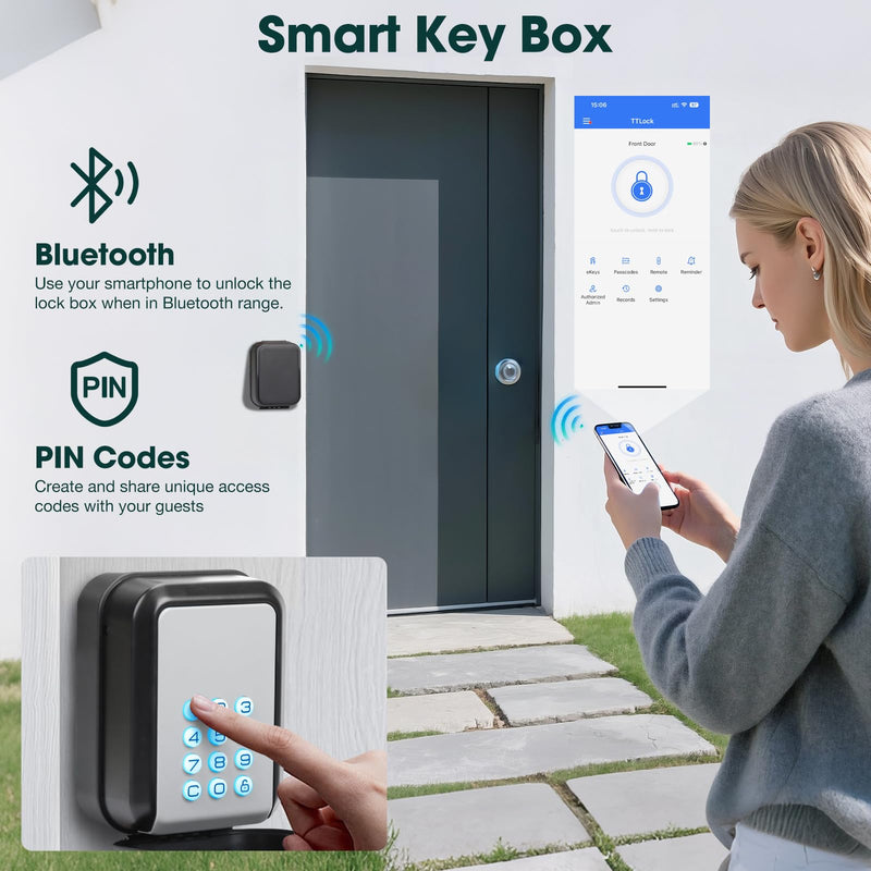 Smart Key Lock Box Electronic Bluetooth Lock Box with APP Control & PIN Code Types,Share eKey Wall Mounted Lock Box for Airbnb Realtor House Office Gray
