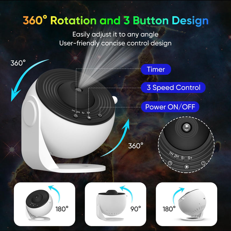 Galaxy Projector for Bedroom, HD Image Star Projector Galaxy Light Adjustable Knob, 13 Film Discs Planetarium Projector for Kids, 360° Rotating 1/2h Timer Simple 3-Button Control Black&White