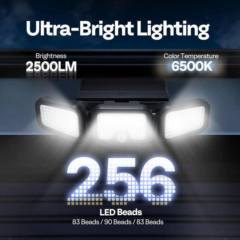 VIVOHOME Solar Flood Lights Outdoor, 256 LED 2500LM Motion Sensor Lights, 3 Adjustable Heads Security Lights, IP65 Waterproof, 270° Wide Lighting Angle Solar Powered Lights for Porch, Yard, 3 Pack