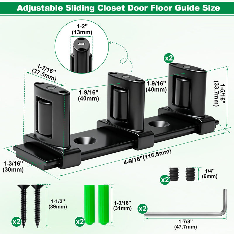 Siding Closet Door Floor Guide,3-Roller Adjustable Double Bypass Door Guide Upgrade Kit, Black Sliding Door Guides Floor Mount for Double Bypass Door(2 Pack) 2 Pack