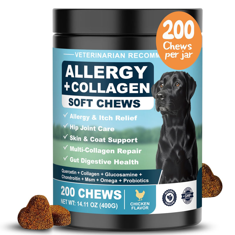 Dog Allergy Chews is Collagen Omega 3 Human Anti Itch Relief for Dogs Multivitamin Itching Skin Relief and Aller Immune Pet Allergy Chews Coat Licking Supplement Pills Meds Treats 200 Bites for Dogs 2 g/capsule 200pcs