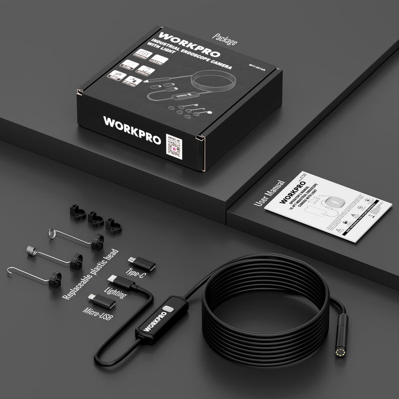 WORKPRO 16.4FT Industrial Endoscope Camera, 1920P HD Semi Rigid Snake Borescope with 8 Adjustable LED Lights, Inspection Camera for iOS and Android